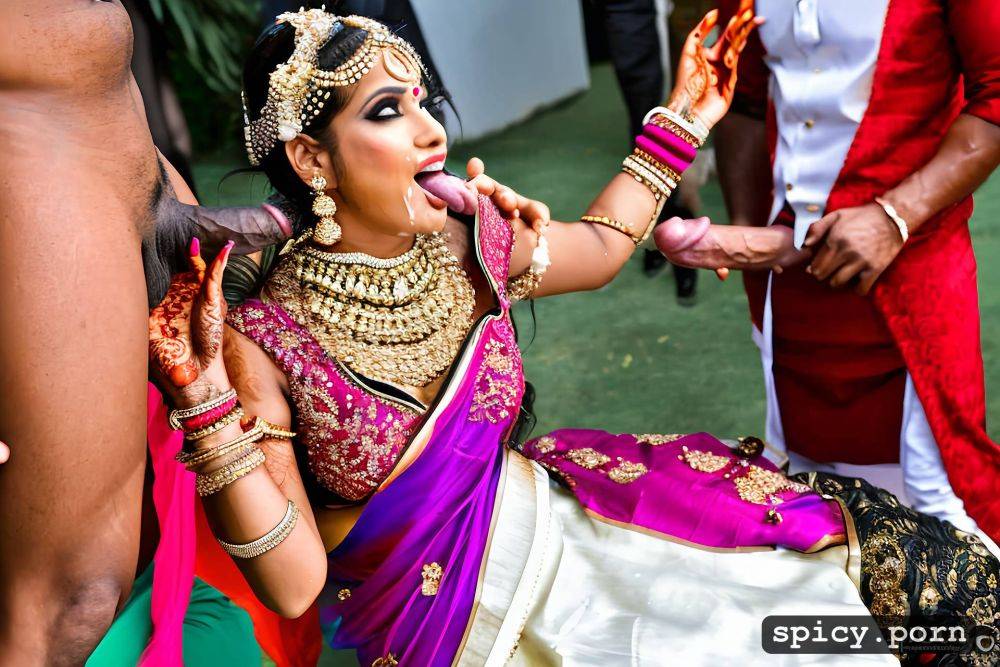 the standing beautiful indian bride in public takes a huge black dick in the mouth and giving blowjob to the man get covered by cum all over his bridal dress and other people cheer the bride realistic photo and real human - #main