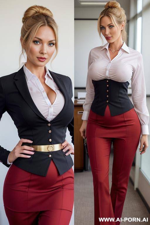 (((pregnant))) (((gigantic breasts))), pixie cut, seductive, ((amazing tits)), ((firm boobs)) very sexy, milf, bimbo, sharp bone structure,, (((elaborately wavy hair))) (((beautiful secretary outfit with red - #main