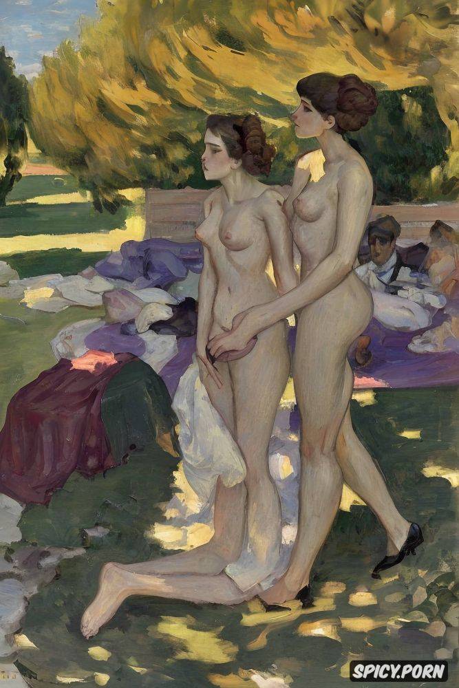 demure shy woman with red lips and flushed cheeks and dark eyes in shady garden party nude intimate tender modern post impressionist fauves erotic art - #main