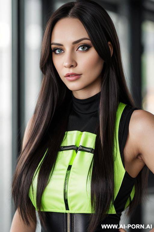 woman, long hair, lines on her eyes, black jeans, reflective vest green - #main