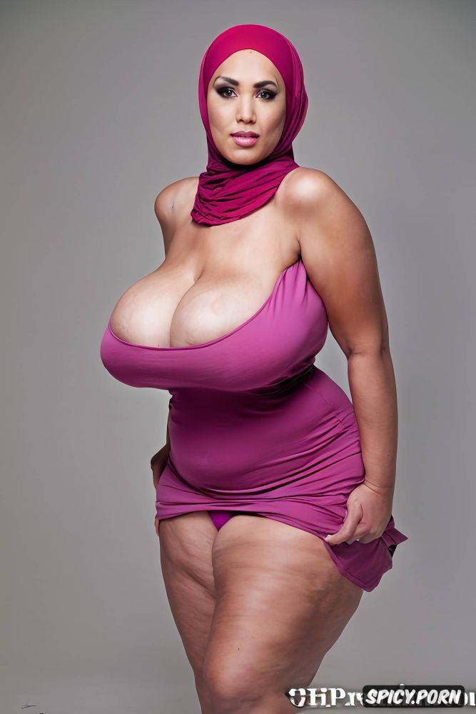 always framed from forehead to thighs, hijab and thigh fit sexy dress with falling out tits and exposed crotch - #main