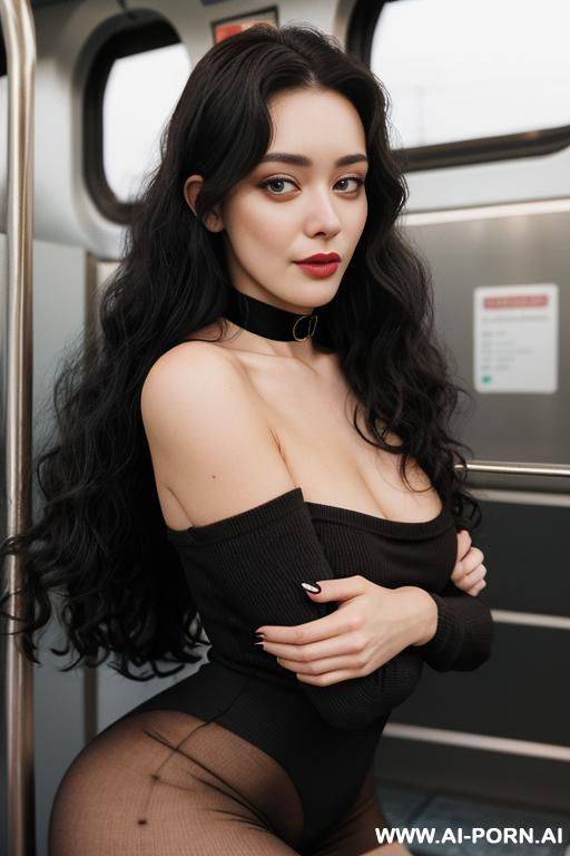 woman woman, long black hair, naked but knee high socks, choker, hands tied, kneeling, semen on face, out of breath, public train, ahegao - #main