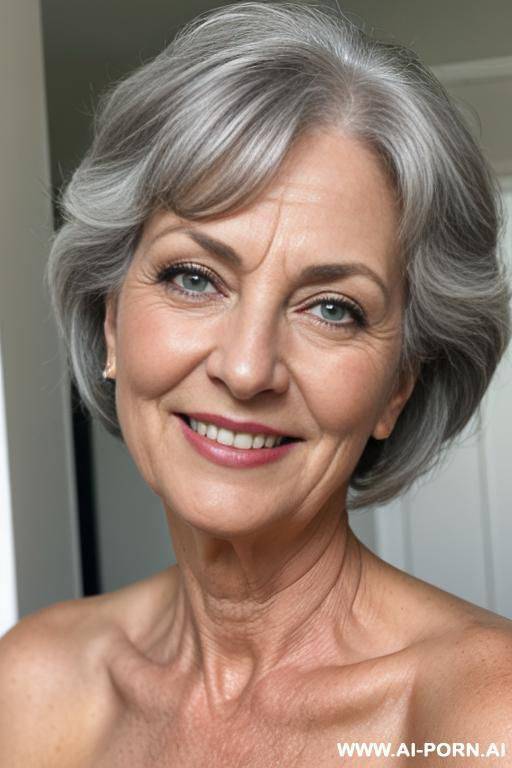 face of a 5-year-old grandmother, short gray hair, big green eyes, smiling, age marks clearly visible, large white penis close to her face - #main