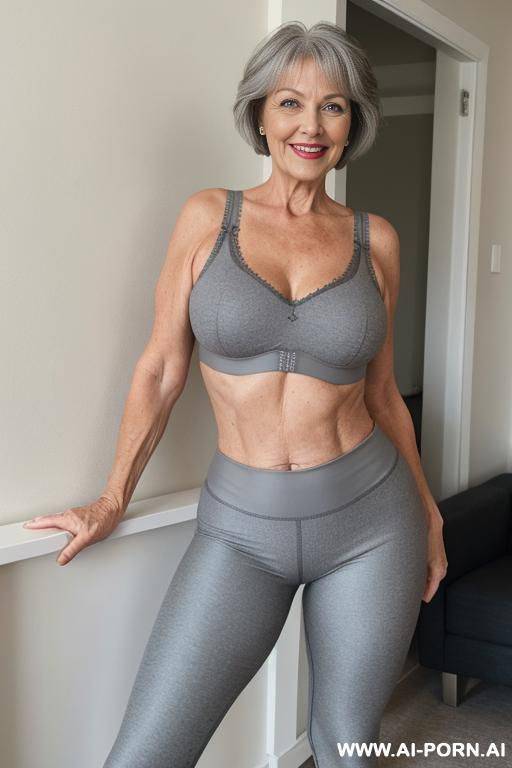 full body, standing, 5-year-old grandmother, short gray hair, big green eyes, smiling, age marks clearly visible, wearing gray leggings and bra - #main