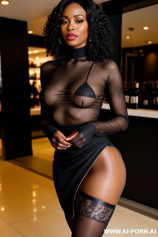 black african woman, athletic body, natural breasts, firm ass, black curly hair, in a swingers club, dressed in a black skirt, a black bodysuit with transparencies, hold-ups, high heels. - #main