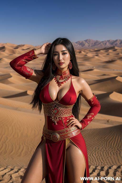 beautiful uighur woman shows off her breasts and beautiful erect nipples in the middle of the desert.red uighur costume, holding​ blade​, sexy​ pose, random, wearing​ amulets, show​ boobs​ - #main