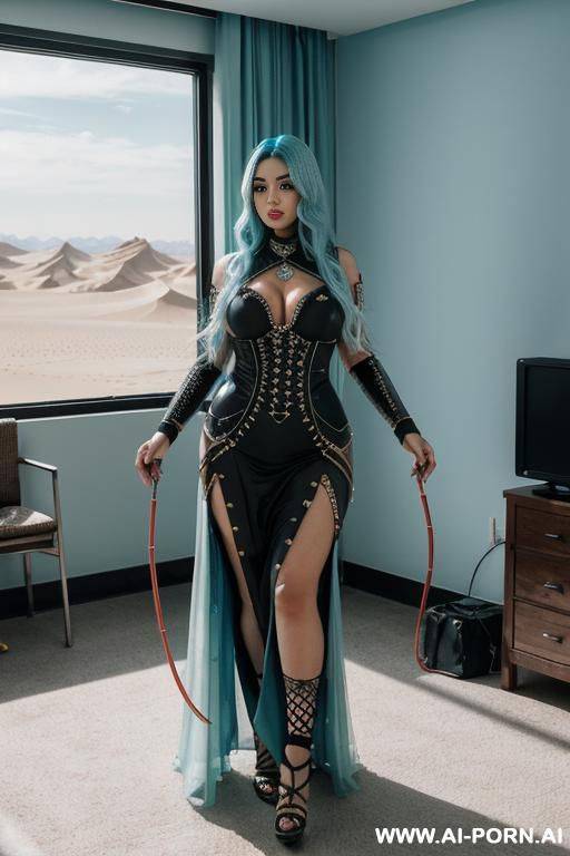 beautiful uighur woman shows off her breasts and beautiful erect nipples in the middle of the desert.red uighur costume, holding​ blade​, sexy​ pose, random, wearing​ amulets, show​ boobs​ - #main