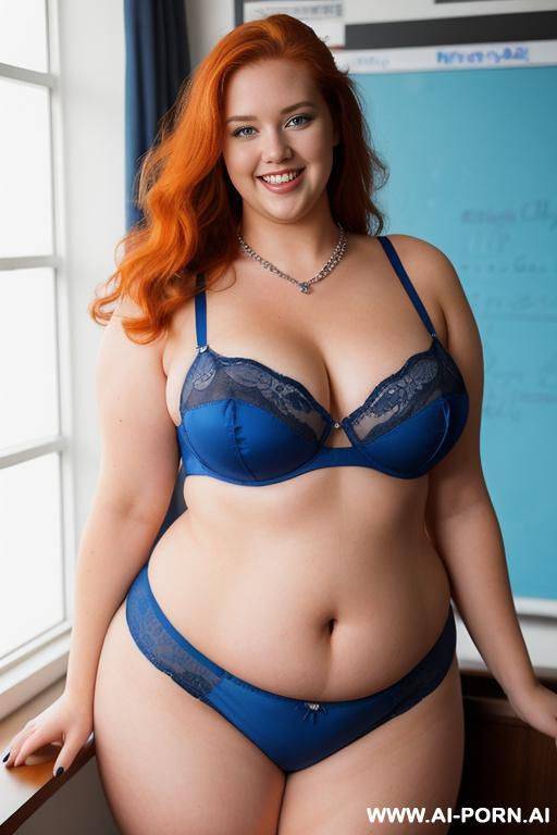 full body photo shot, about at classroom, very fat bbw curvy with love handless and tummy, wearing a sexy and hot blue micro lingerie - #main