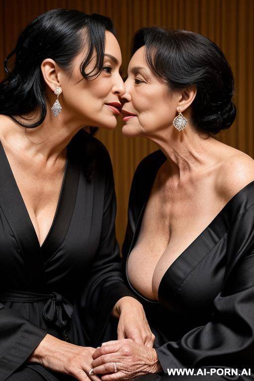 make older woman taller, their tits touch each other, they are looking in each other’s eyes, they are more like lovers, black hair, both wearing wide open robes, nice earrings, - #main