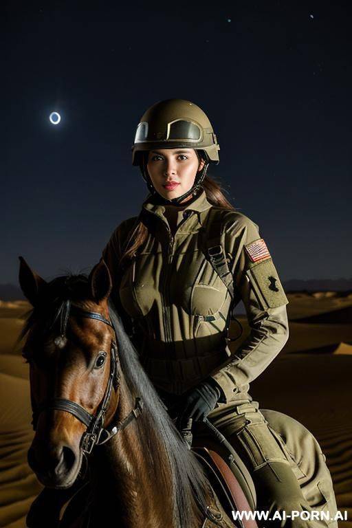 military jumpsuit, riding mare in the dark desert at night, military helmet, military gear - #main