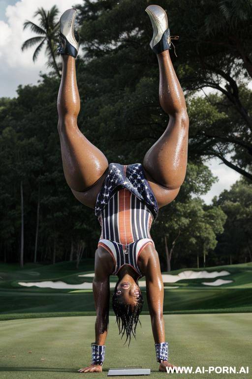 ebony wet damaged thick woman, naked wet naturally wet body and thighs. doing a scorpion up-side-down handstand, a handstand with arched back and legs. - #main