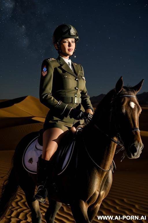 military uniform, riding mare in the dark desert at night - #main