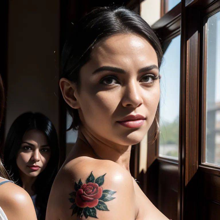 , latino,(2women:2),thirties,(RAW photo, best quality, masterpiece:1.1), (realistic, photo-realistic:1.2), ultra-detailed, ultra high res, physically-based rendering,short hair,slicked back,blue hair,black - #main
