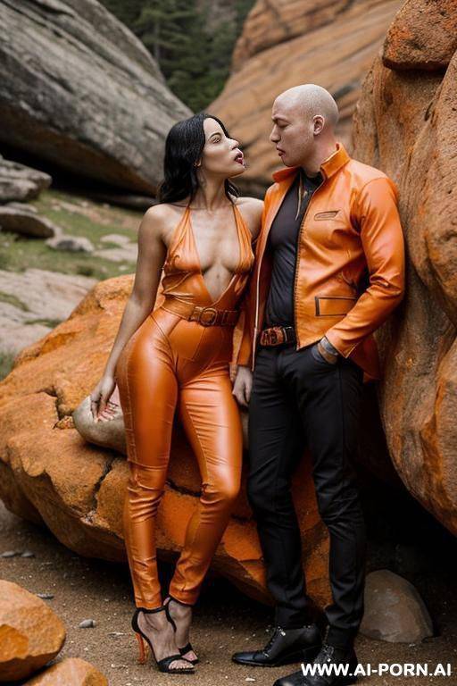 the image shows a woman sucking' being sexually penetrated by a man. the woman is lying on a couch and the man is standing. - #main
