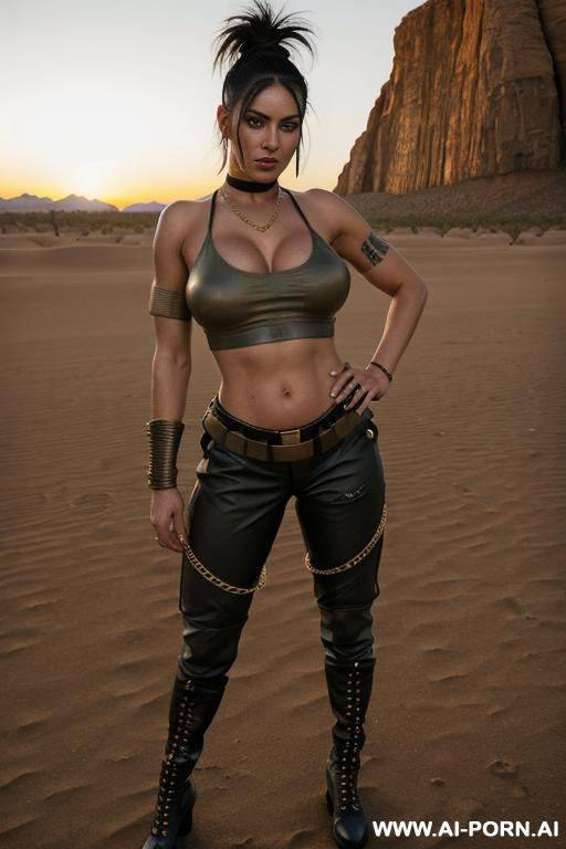 mad max, black leather outfit, post-apocalyptic, armor, pierced navel, rings, long nipples, large nipples, wet, oiled, piercings, nose stud, mature, bracer, veiny boobs, large areolas, (((oversized - #main