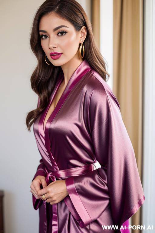 women, brown eyes, brown hair. pink lipstick.dressed in blue satin kimono robe with gold hoop earrings - #main