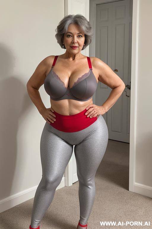 5 year old grandmother, short gray hair, clearly visible age marks, full body, standing, large natural breasts, triangular hips, thick thighs, wide legs, hands on hips, wearing red leggings and bra - #main