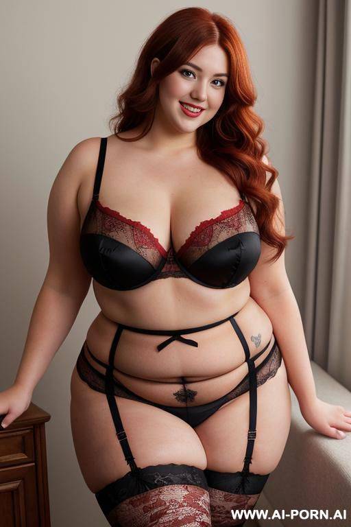 full body photo shot, about a gaming player, fat bbw curvy woman, with few love handless and tummy, wearing a sexy and hot red lace stocking lingeries - #main