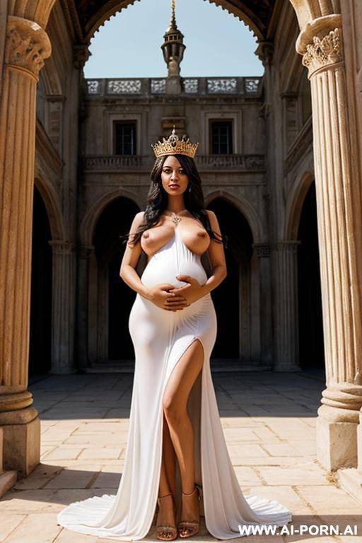 a pregnant queen, naked, infront of a palace, crown on her head, spread her pussy - #main