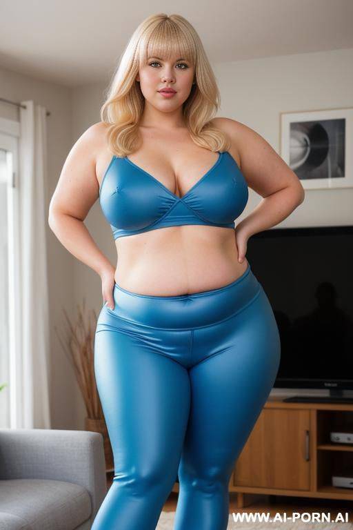 chubby womanager, blonde hair with bangs, full body, standing, hands behind her head, legs open, wearing blue leggings and bra, in front of the tv in the living room of her house - #main