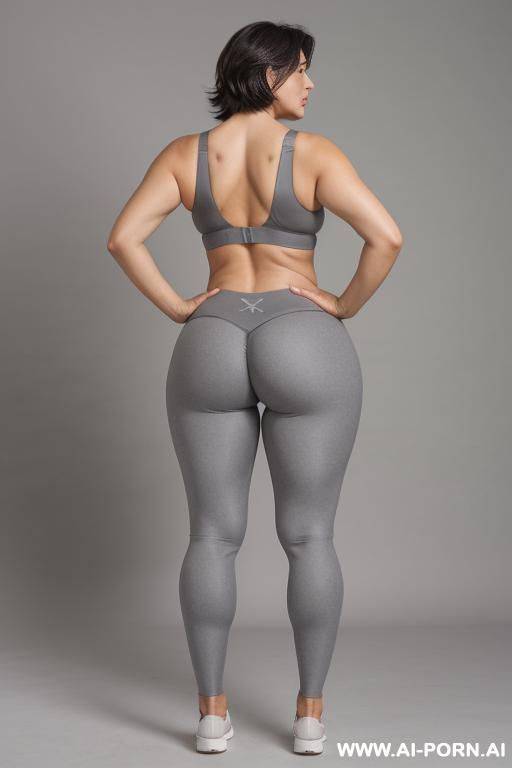 back view, 5-year-old grandmother, short gray hair, very visible age marks, full body, standing, large natural breasts, triangle hips, thick thighs, wide legs, hands on hips, wearing gray leggings and bra, legs open - #main