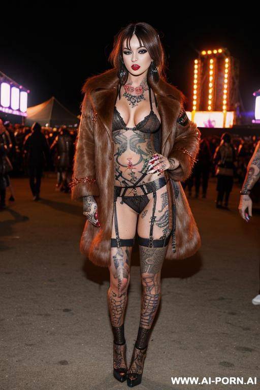 full body shot of brown haired succubus in a short brown fur coat in a music festival - #main