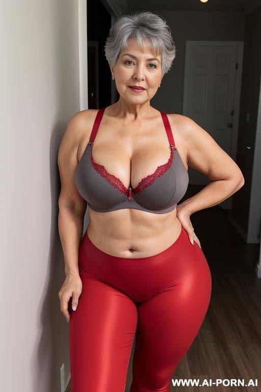 0 year old grandmother, short gray hair, clearly visible age marks, full body, standing, large natural breasts, triangular hips, thick thighs, wide legs, hands on hips, wearing red leggings and bra - #main