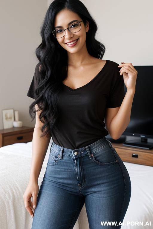 woman, early 20s, long curly black hair, smiling, glasses, prominent nose, big brown eyes, black tshirt, jeans, standing, bedroom - #main