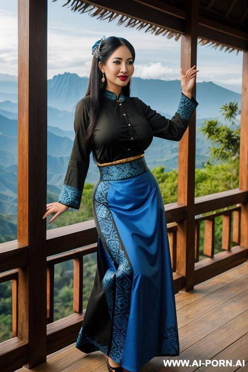 ((olive skin indonesian, sunda ethnicity)) ((traditional long sleeves black shirt, long skirt with blue batik pattern, sunda outfit)) ((huge massive perky boobs)) ((looking at viewer)) ((mountain - #main