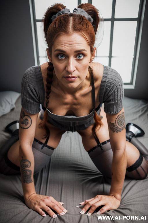 beautiful rocker woman, cleavage, perfect boobs, big ass, long ponytails, virgin killer sweater, tattooed, pierced, full body - #main
