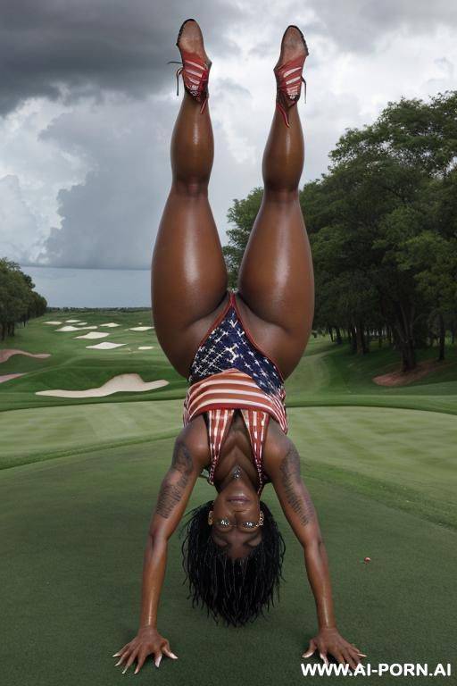 ebony wet damaged thick woman, naked wet naturally wet body and thighs. doing a scorpion up-side-down handstand, a handstand with arched back and legs. - #main