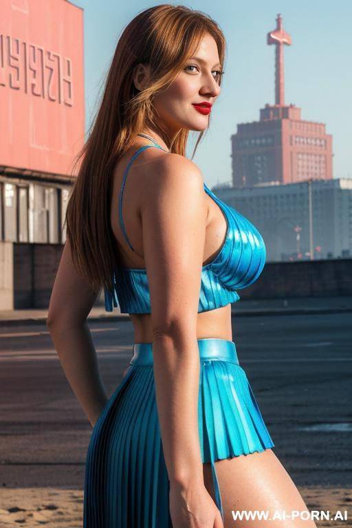 ((fasical)), big breast, (pornstar), crystal clear image, (wearing, (soviet uniform), (soviet pleated micro-skirt), (underboob crop-top)), (medium shot, rear-side view), neon cyberpunk city in background, - #main