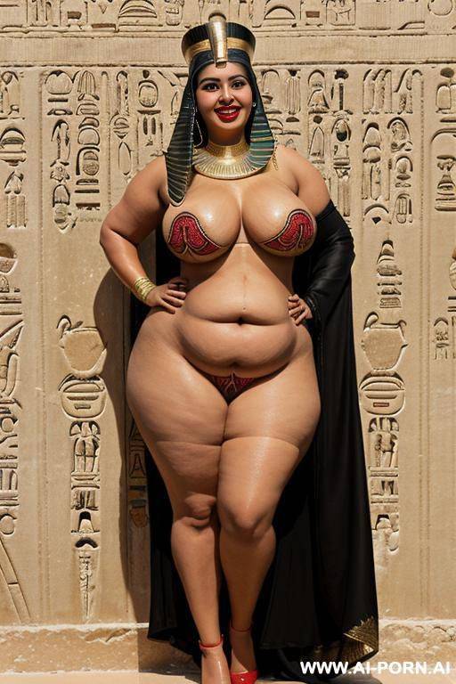((egyptian)), ((full body image of a chubby milf woman)), (smiling), (black hair), (red lipstick), ((egyptian outfit)), ((standing up straight)). - #main