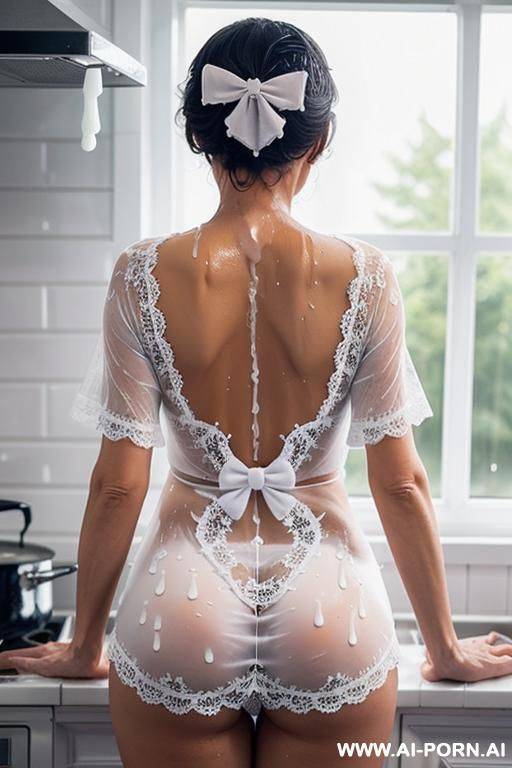 ((granny)), ((cooking)), (bow down), (wearing only lace), (((covered in dripping white cum))), (view from behind) - #main