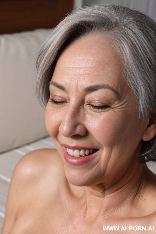 face of an 0-year-old grandmother, short gray hair, age spots clearly visible, smiling, face covered in cumshot, cumshot coming out of her mouth, cumshot covering her eyes - #main