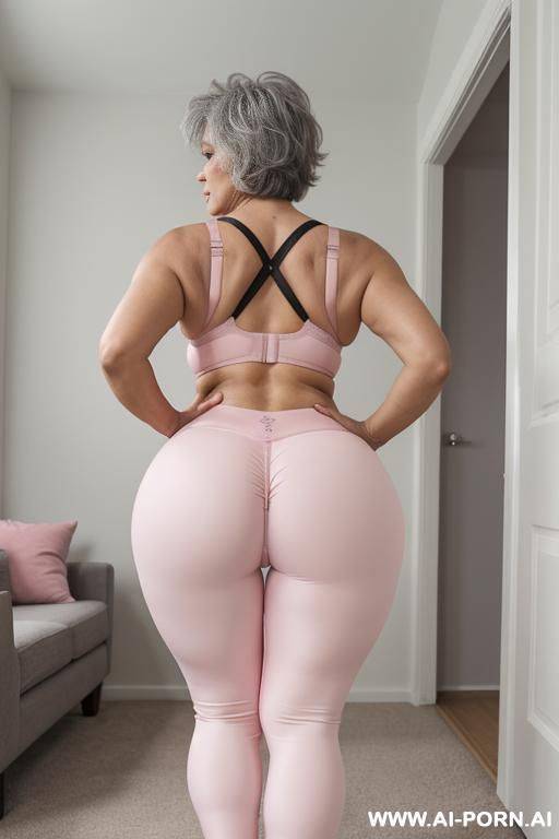 rear view, 0-year-old grandmother, short gray hair, full body, standing, age marks clearly visible, big ass, big breasts, triangle hips, thick thighs, wearing pink leggings and bra, hands on waist - #main