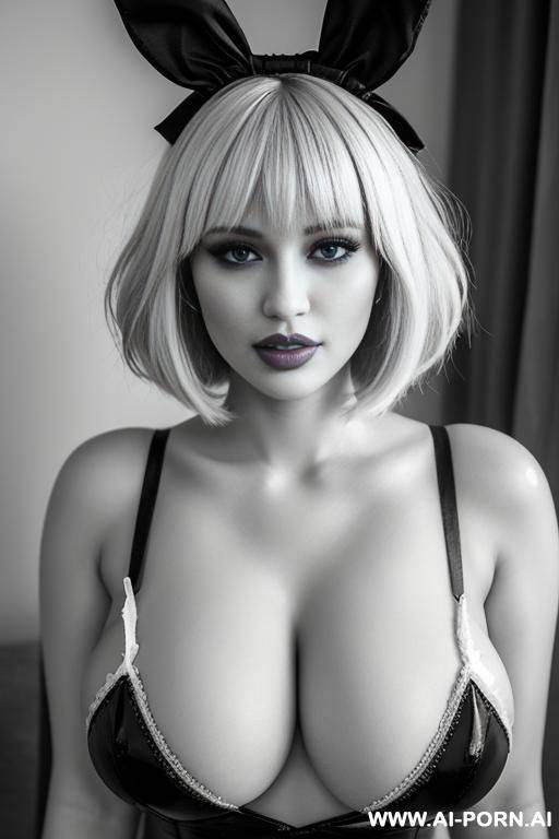 2 brazilian women, beautiful face, full plump lips, messy blonde bob cut, nose, lips, enormous lips, sex doll lips, very fake lips, black and white play bunny uniform, with huge fake breasts, - #main