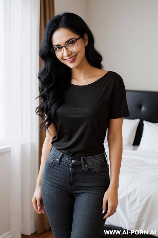 woman, early 20s, shoulder long curly black hair, smiling, glasses, prominent nose, big brown eyes, black tshirt, jeans, standing, bedroom - #main