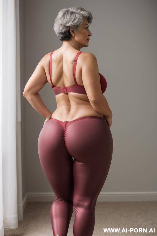 rear view, 0-year-old grandmother, short gray hair, full body, standing, age marks clearly visible, big ass, big breasts, triangle hips, thick thighs, wearing red leggings and bra, hands on waist - #main