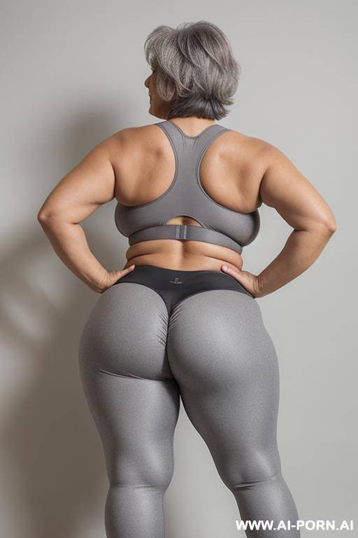 back view, 5-year-old grandmother, short gray hair, very visible age marks, full body, standing, large natural breasts, triangle hips, thick thighs, wide legs, hands on hips, wearing gray leggings and bra, legal open - #main