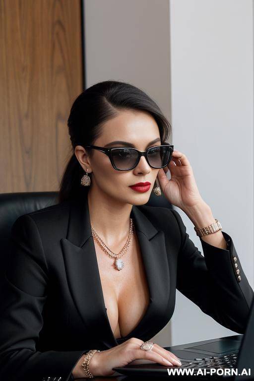 (((2 identical women))), skin, ((pure diamond hair color)), red lipstick, black browline sunglasses, ((no necklace)), ((no blouse)), ((no bra)) - #main