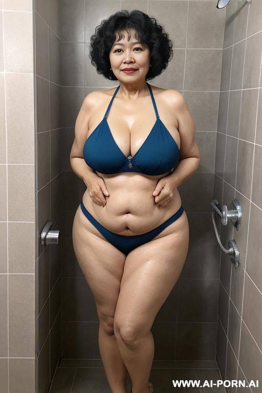 0-year-old grandmother, very visible age features, full body, standing, short gray hair, large natural breasts, triangle hips, thick thighs, naked, shower in the bathroom - #main