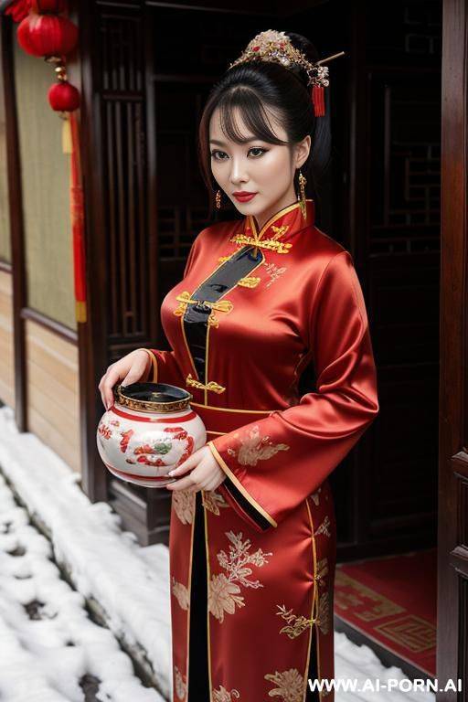 chinese traditional clog, silk, winter clothes, palace, beautiful face, perfect body, big eyes, big breasts, chinese, detail, seductive, rich lady - #main