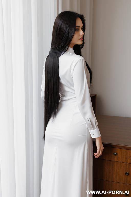 long hair, straight hair, formal white shirt, formal dress, from behind - #main