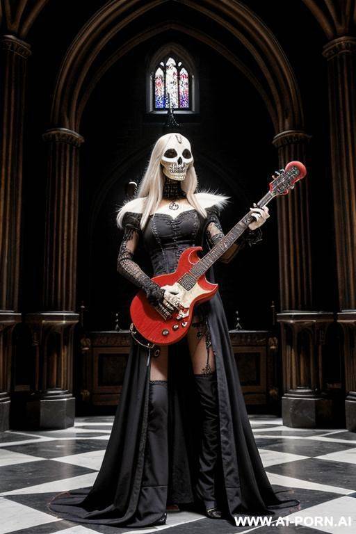 the image features a perman dressed in a skeleton nude very hairy pussy costume, holding a guitar. the setting is a dark room with a black and white color scheme. - #main