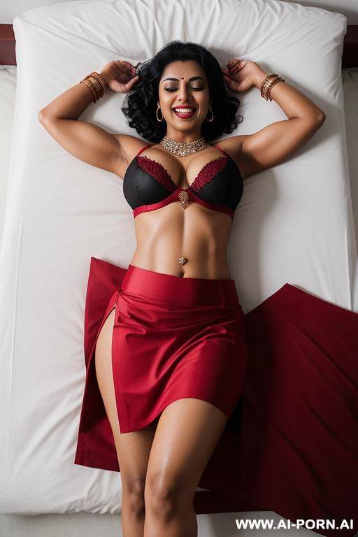 indian woman, 30 years, black hair, short curly hair, fit, muscles, natural boobs, red bra, red skirt, navel piercing, laying on bed, hands raised, orgasm, smile, open mouth, eyes closed, view from above, full body shot, crystal anklet, heels - #main