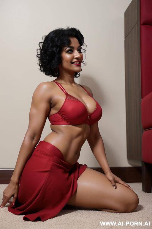 indian woman, 30 years, black hair, short curly hair, fit, muscles, natural boobs, red bra, red skirt, navel piercing, on all fours, seductive smile, looking at camera, side view, full body shot, heels - #main