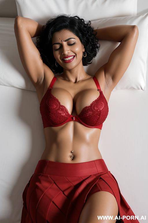 indian woman, 30 years, black hair, short curly hair, fit, muscles, natural boobs, red bra, red skirt, navel piercing, laying on bed, hands raised, orgasm, smile, open mouth, eyes closed, view from above, full body shot - #main