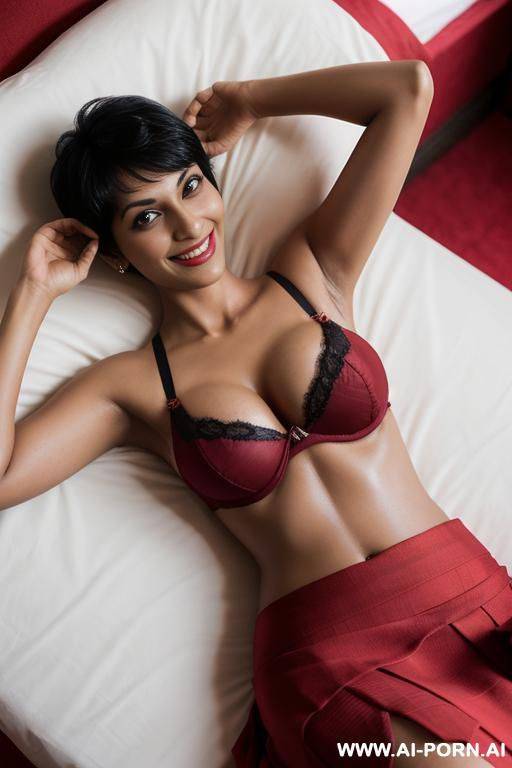 indian woman, 30 years, black hair, pixie cut, fit, natural boobs, red bra, red skirt, navel, laying on bed, hands raised, seductive smile, looking at camera, view from above - #main