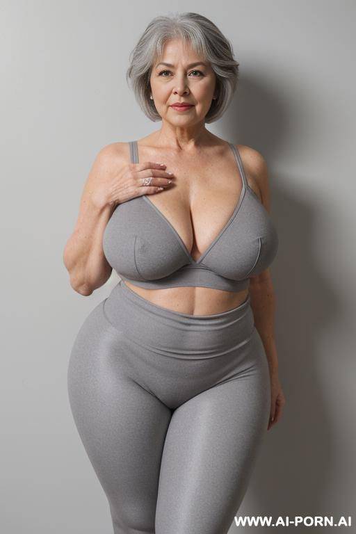 0 year old grandmother, full body, standing, short gray hair, very visible age marks, large natural breasts, triangle hips, thick thighs, wearing gray leggings, topless, hands on her waist - #main